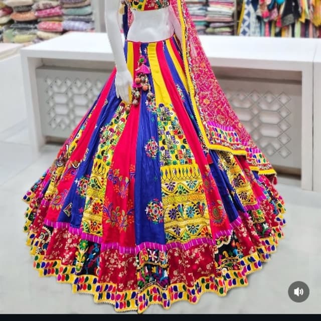 Multi-colored (Primary: Bright Yellow, Royal Blue, Fuchsia Pink) Lehenga Choli
