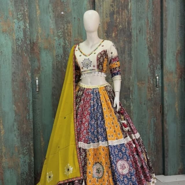 Multicolor featuring Mustard Yellow, Deep Maroon, Royal Blue, and Cream base Lehenga Choli