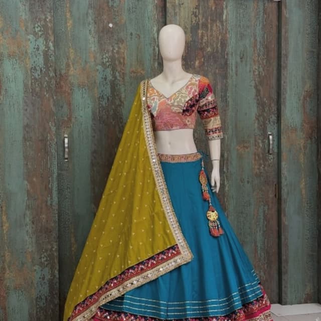 Teal, Mustard Yellow, Pink, Multi-colored print Lehenga Choli