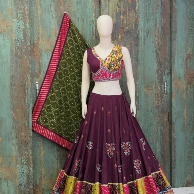 Deep purple, olive green, mustard yellow, magenta, and multi-colored accents Lehenga Choli