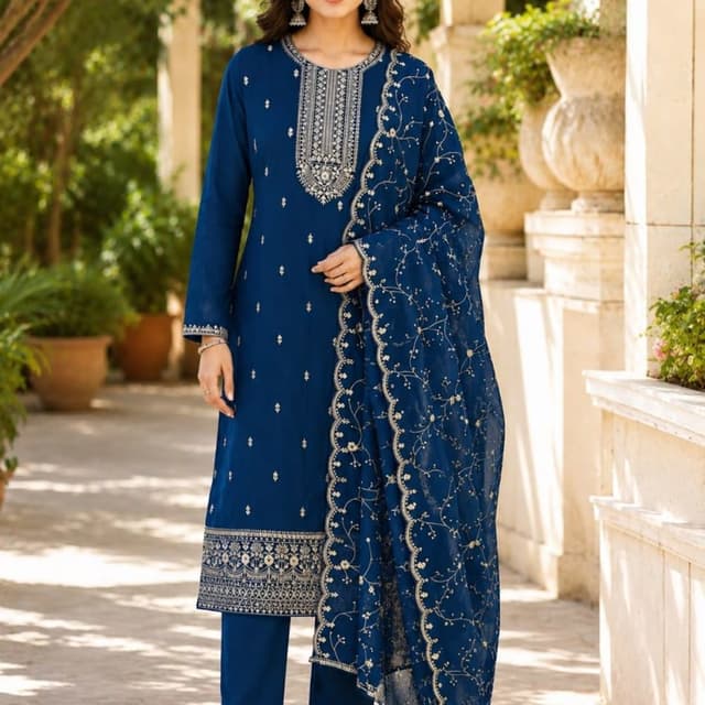 Deep blue base with silver/off-white embroidery Salwar Kameez