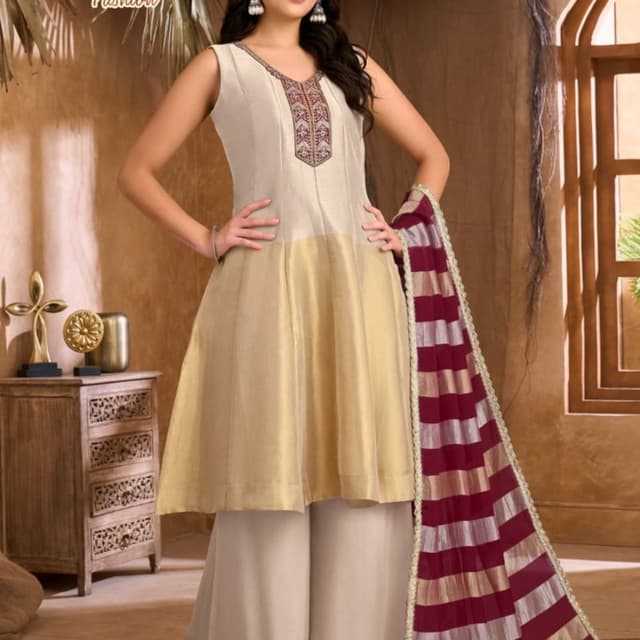 Off-white, Gold, and Maroon Kurti with Palazzo and Dupatta Set