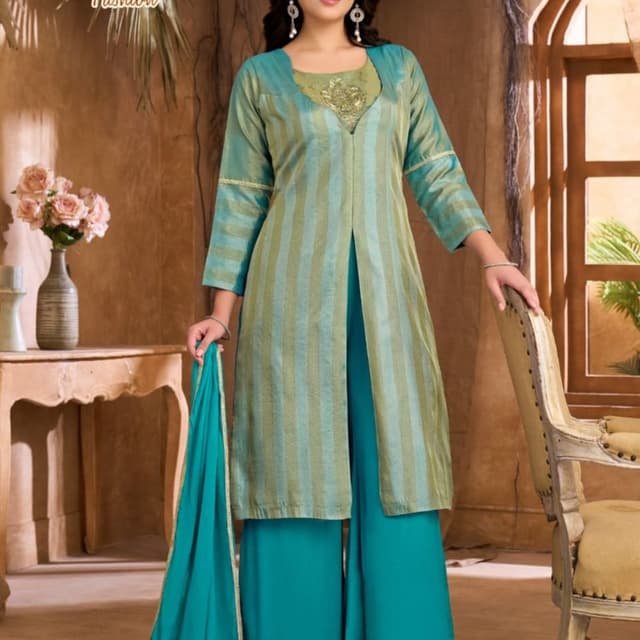 Teal and Olive Green Salwar Kameez with Palazzos and Dupatta