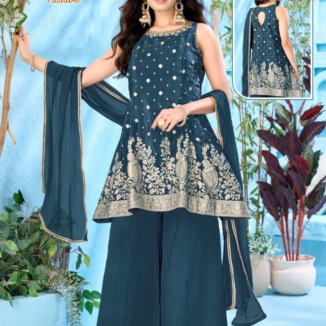 Deep Teal, Gold Peplum Kurti with Palazzo set