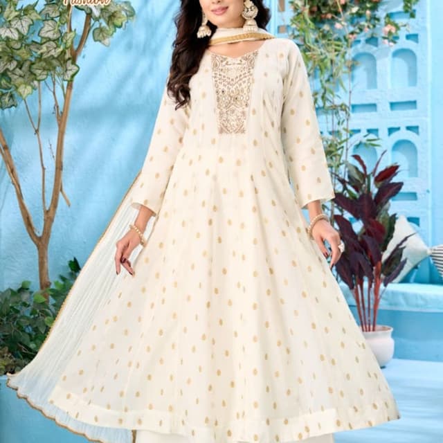 Off-white or cream base with gold accents Anarkali Kurta Set