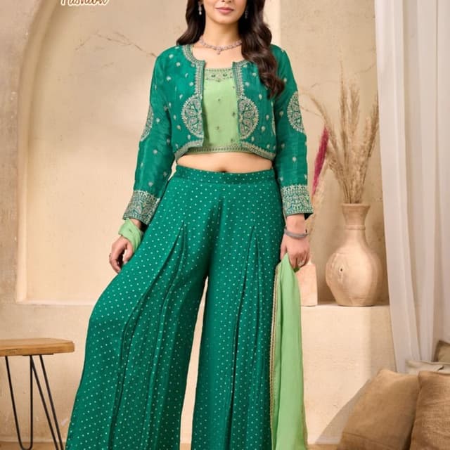 Emerald Green, Light Sage Green Lehenga Choli with Jacket or Indo-Western Set