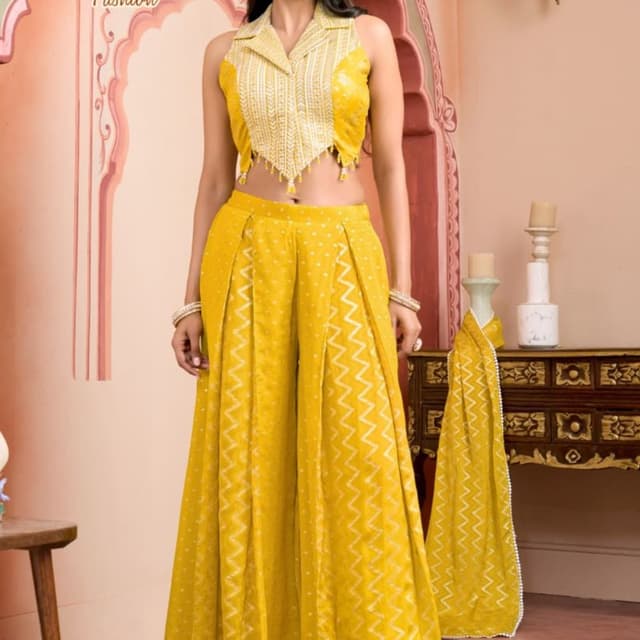 Vibrant Mustard Yellow with white/cream accents Co-ord set (Halter neck top and Palazzo pants with dupatta)