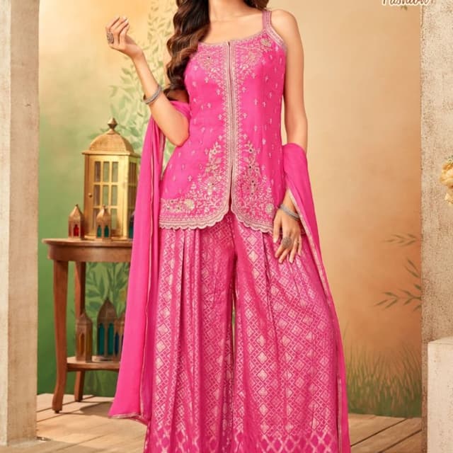 Hot pink, Gold Sharara Suit Set