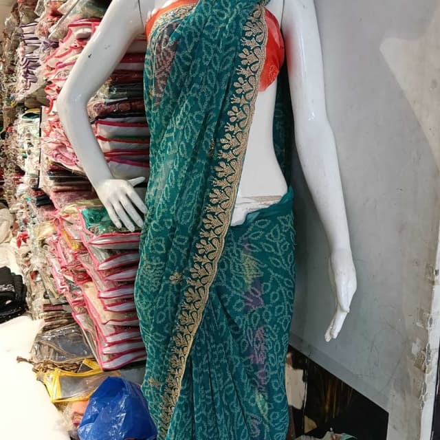 Teal green and gold Saree