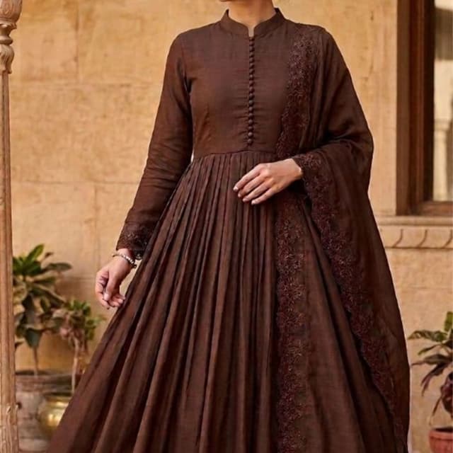 Monochromatic dark brown Anarkali Suit Set