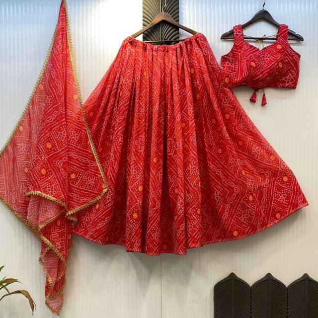 Red, White, and Yellow accents Lehenga Choli