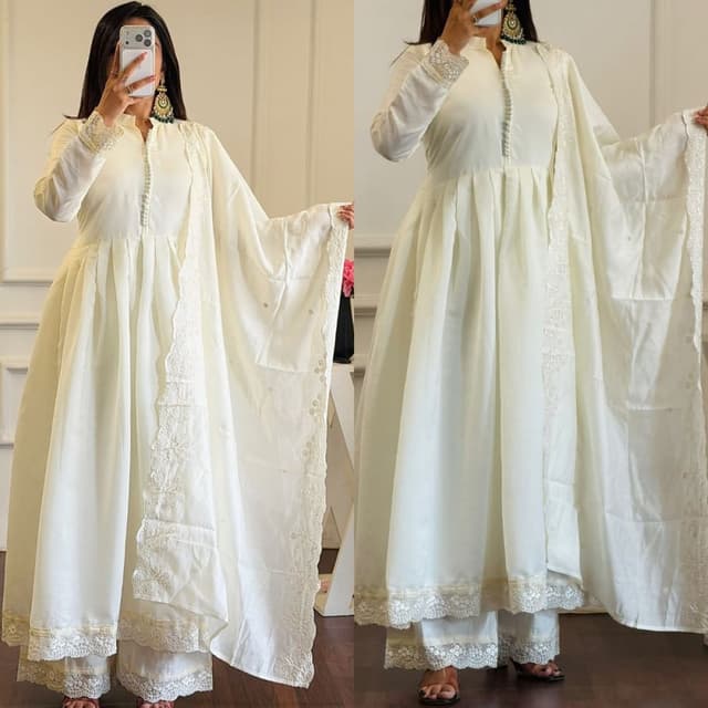 Off-white or Cream Anarkali Suit Set