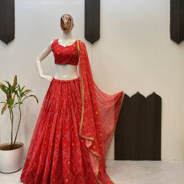 Red, White, Yellow (accents) Lehenga Choli