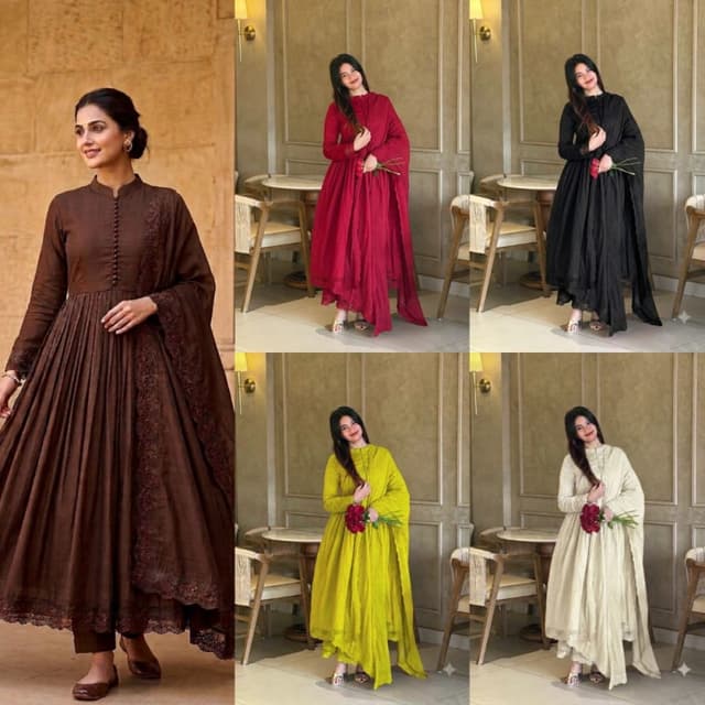 Available in various solid colors including Chocolate Brown, Deep Red, Black, Lime Green, and Off-White/Beige Anarkali Suit Set
