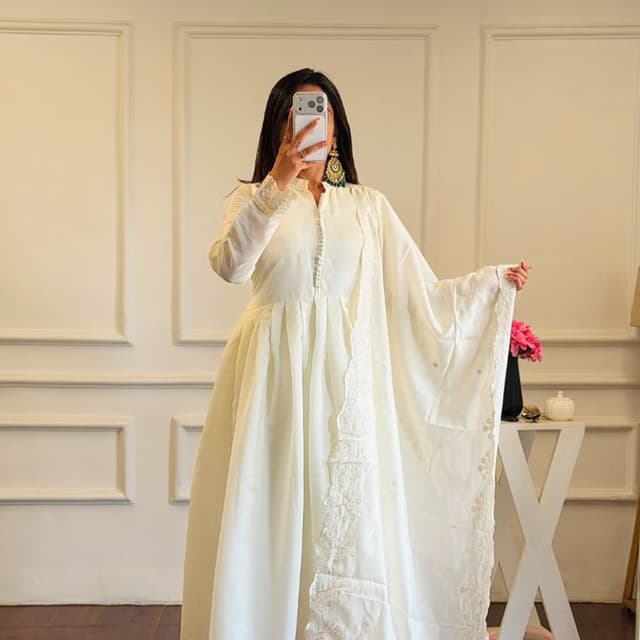 Off-white or Ivory monochromatic Anarkali Suit Set