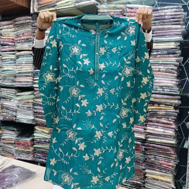 Teal green base with silver embroidery Kurta