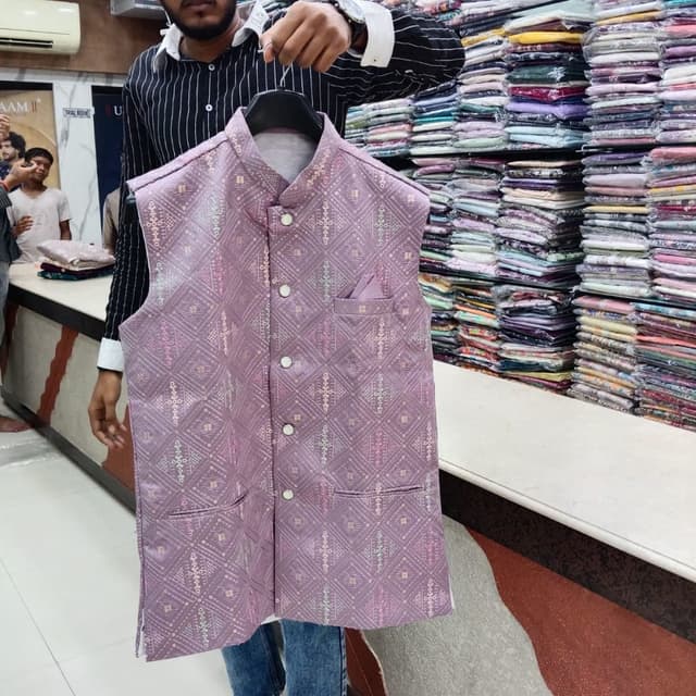 Lavender/Light Purple with subtle off-white/cream geometric print Nehru Jacket/Waistcoat