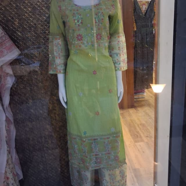 Light Green or Pistachio with multi-colored floral accents Kurti with matching pants
