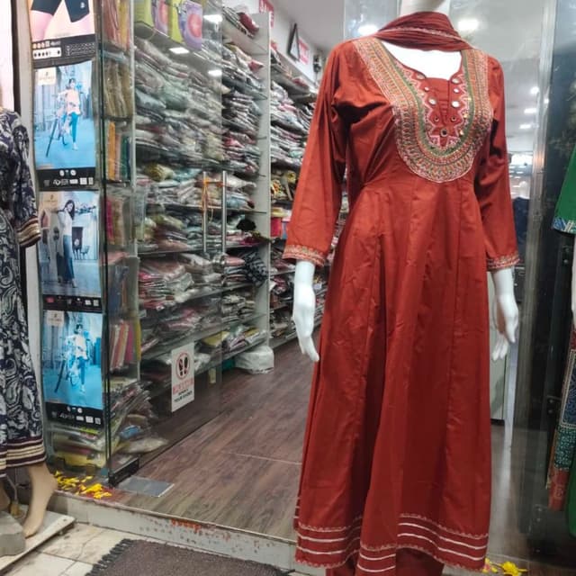 Rust Red, Burnt Orange, Accents of Green, Yellow, and Silver Kurta Set with Dupatta