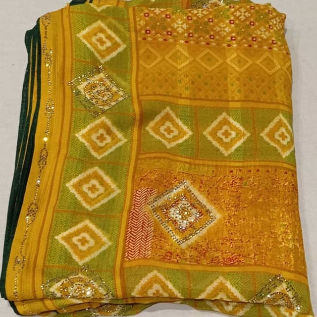 Mustard Yellow, Olive Green, White Saree