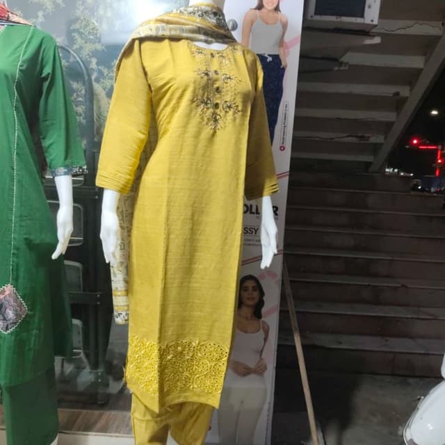 Mustard Yellow, White, Grey Salwar Kameez Set