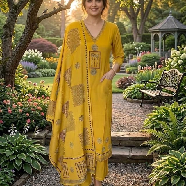 Mustard Yellow with dark brown or black printed motifs Kurta set with dupatta