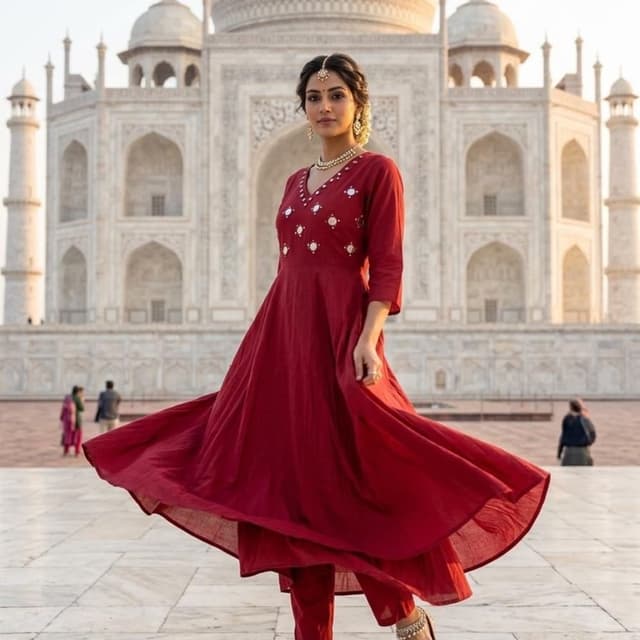 Solid Deep Red or Maroon Anarkali Kurta set with pants