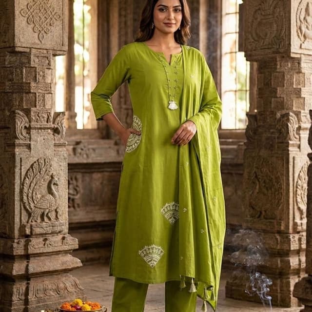 Olive Green and White Kurta Set with Dupatta