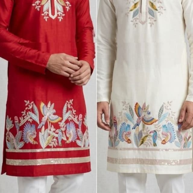 Red and Cream options with multicolored embroidery Kurta