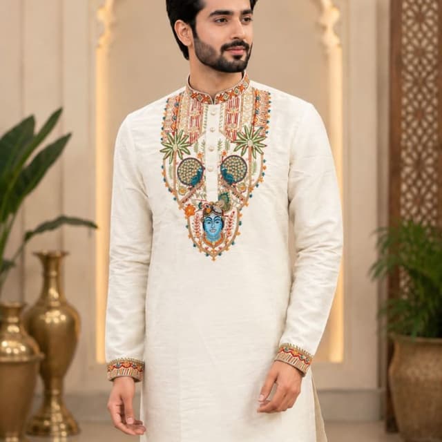 Off-white base with multicolor embroidery including blue, green, orange, and red Kurta