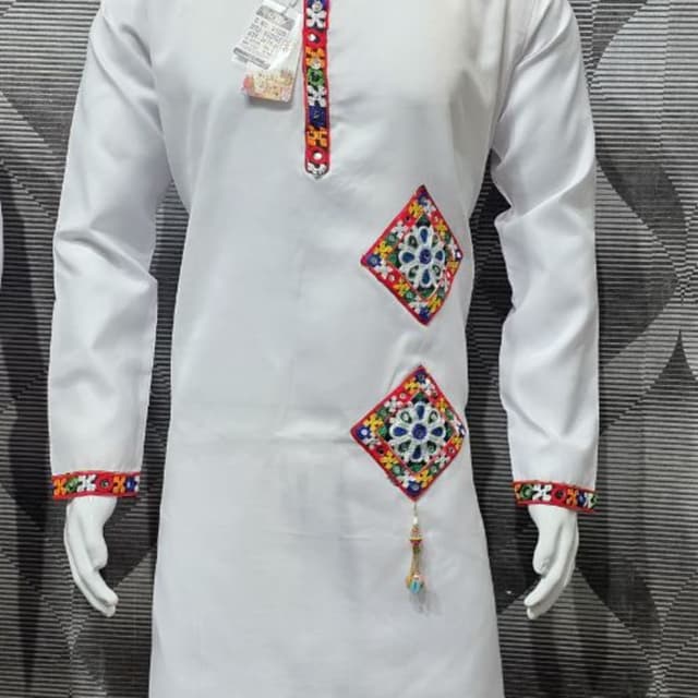Solid white base with multi-colored accents including red, blue, green, and yellow Kurta