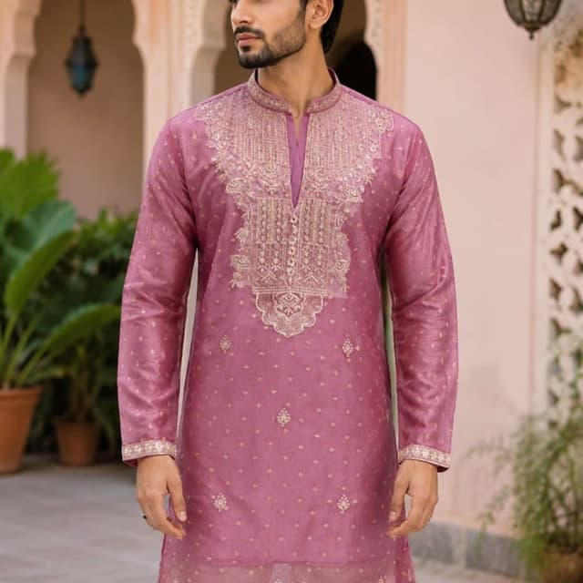 Dusty rose or mauve pink with metallic gold embroidery Kurta
