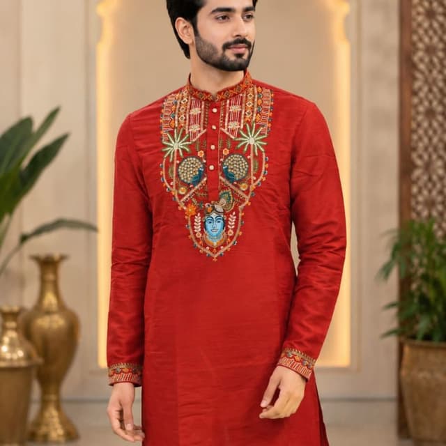 Deep Red base with multi-color embroidery including teal, orange, yellow, and green Kurta
