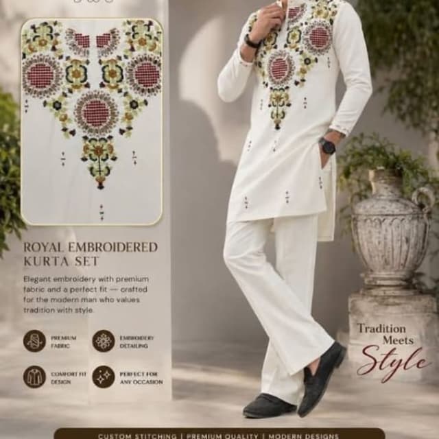 Off-white base with maroon, gold, and green embroidery accents Kurta Set