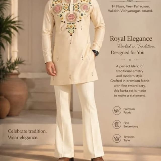 Off-white base with multi-color floral embroidery (red, green, mustard, rust) Kurta Set