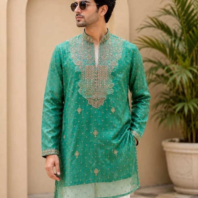 Emerald Green with Gold/Bronze accents Kurta