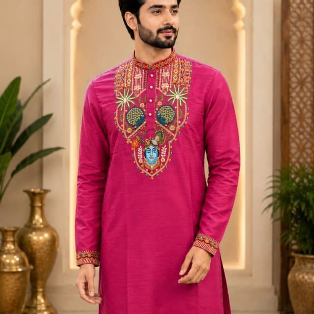 Magenta base with vibrant multi-colored embroidery (blue, green, yellow, orange, red) Kurta