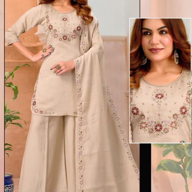 Beige, off-white, with maroon and dusty rose floral accents Kurta set with palazzos and dupatta