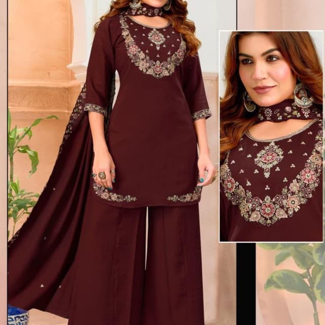 Deep Maroon or Burgundy base with floral embroidery in muted pinks, greens, and white Palazzo Suit Set