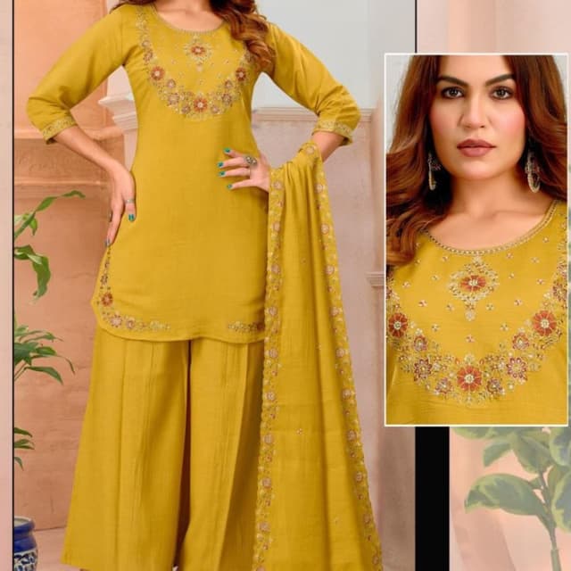Mustard Yellow base with floral accents in red, maroon, and metallic tones Sharara Suit Set