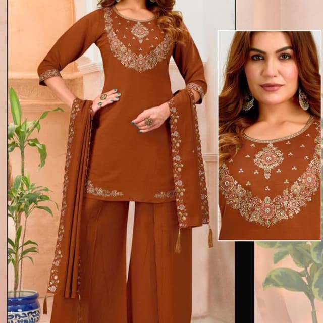 Solid Earthy Brown/Rust Palazzo Suit Set
