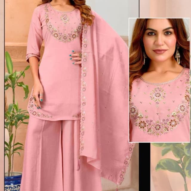 Pastel Pink with multicolored floral embroidery Sharara Suit Set