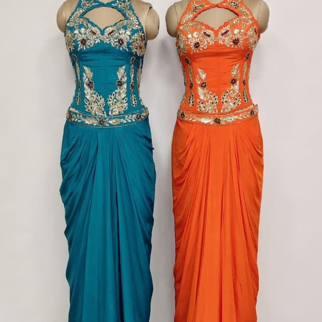 Teal Blue and Vibrant Orange Dhoti Saree Dress