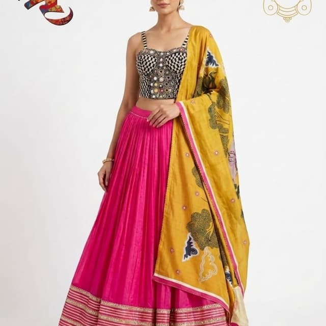 Hot pink, mustard yellow, black, and white Lehenga Choli