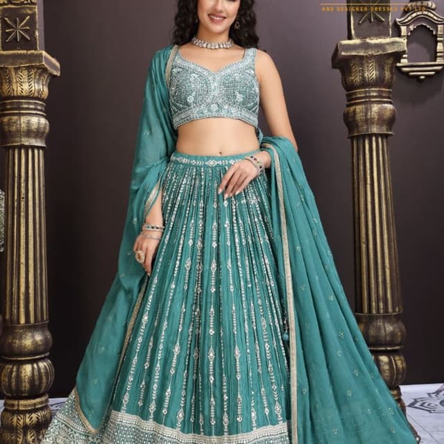 Teal, Sea Green, Silver Lehenga Choli