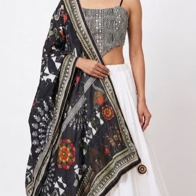 Black, White, and multicolor accents in the dupatta print Lehenga Choli