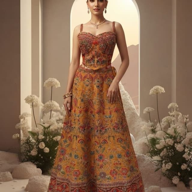 Mustard Yellow, Burnt Orange, Multi-colored embroidery Lehenga Choli