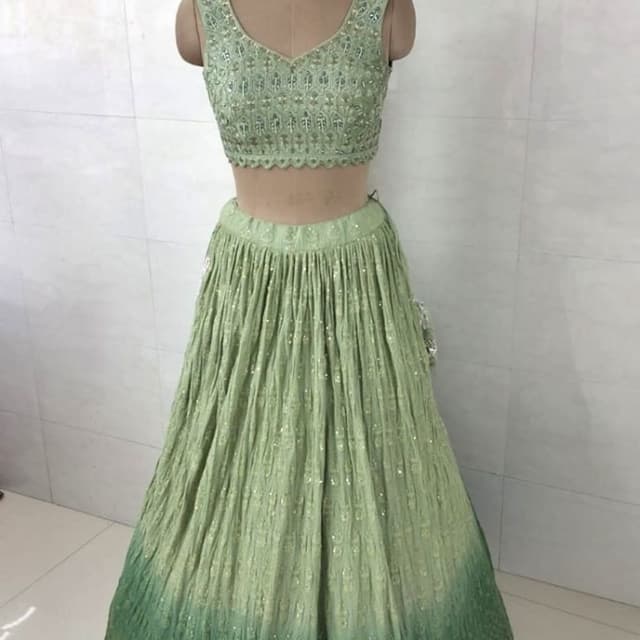 Ombre shades of light mint green transitioning to deep forest green Lehenga Choli