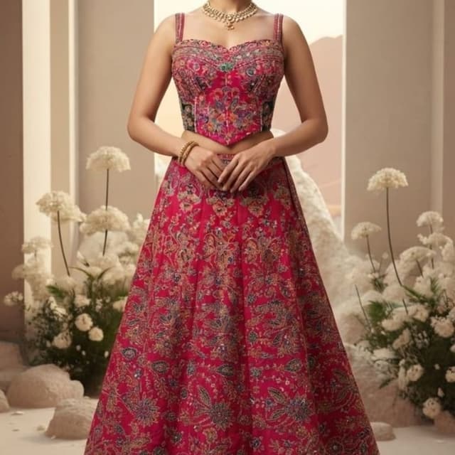 Deep Pink, Magenta, with accents of dark green and metallic gold Lehenga Choli