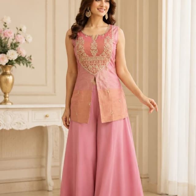 Soft pink and peach ombre Palazzo suit with kurta